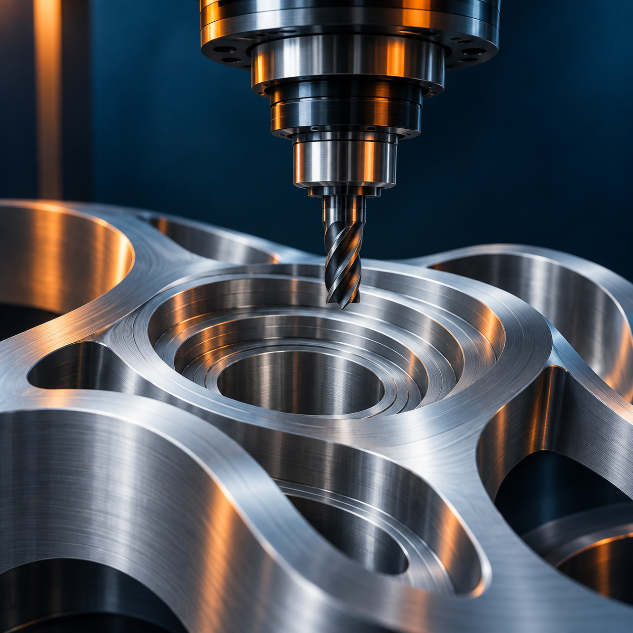 Concept illustration of a CNC milling tool above a precision machined aluminium component